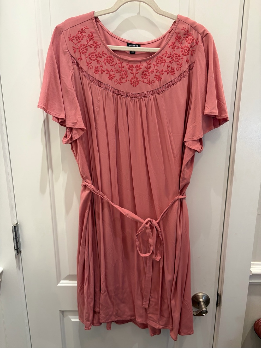 torrid Dusty Rose Embroidered Yoke Tie-Waist Dress